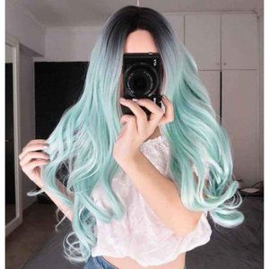 Black to mint green ombre wig, long wavy synthetic